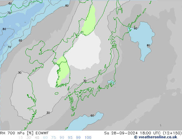 RH 700 hPa ECMWF sab 28.09.2024 18 UTC