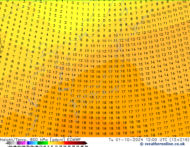 Height/Temp. 850 hPa ECMWF mar 01.10.2024 12 UTC