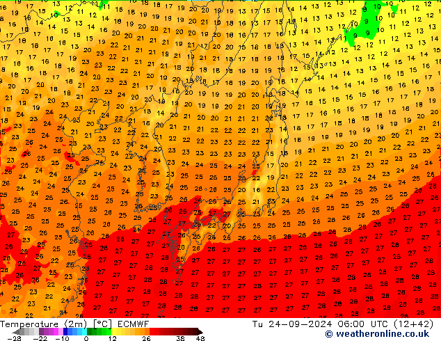 température (2m) ECMWF mar 24.09.2024 06 UTC