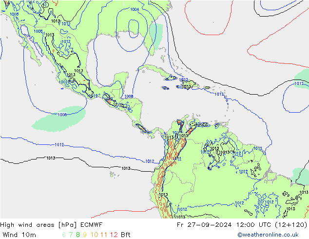 High wind areas ECMWF vie 27.09.2024 12 UTC