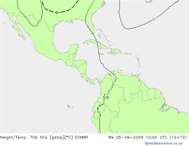 Height/Temp. 700 hPa ECMWF śro. 25.09.2024 12 UTC