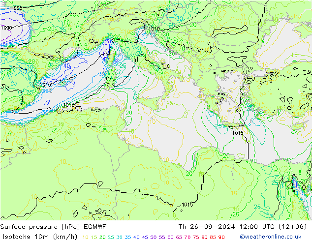 Isotachs (kph) ECMWF Th 26.09.2024 12 UTC