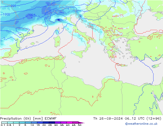 Precipitation (6h) ECMWF Th 26.09.2024 12 UTC