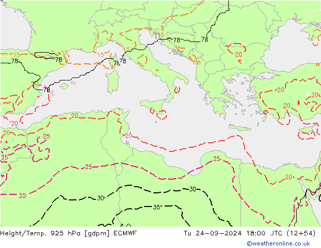 Geop./Temp. 925 hPa ECMWF mar 24.09.2024 18 UTC