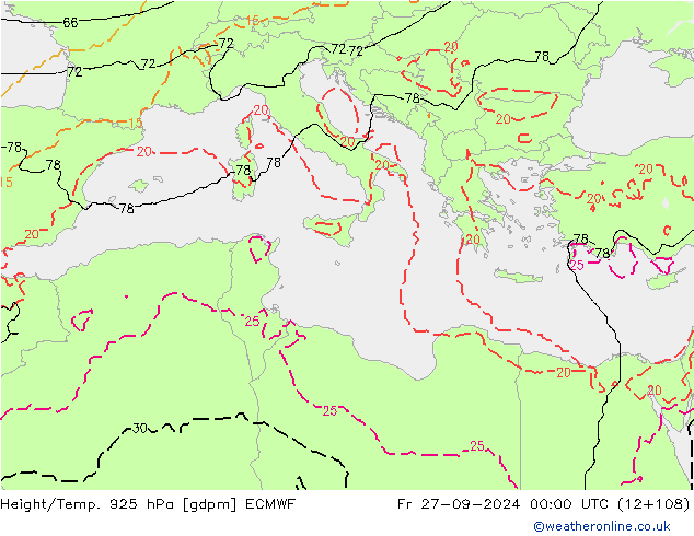 Yükseklik/Sıc. 925 hPa ECMWF Cu 27.09.2024 00 UTC