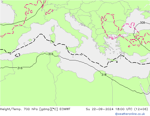 Height/Temp. 700 hPa ECMWF  22.09.2024 18 UTC