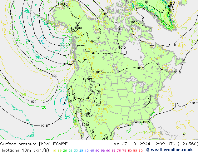 Izotacha (km/godz) ECMWF pon. 07.10.2024 12 UTC