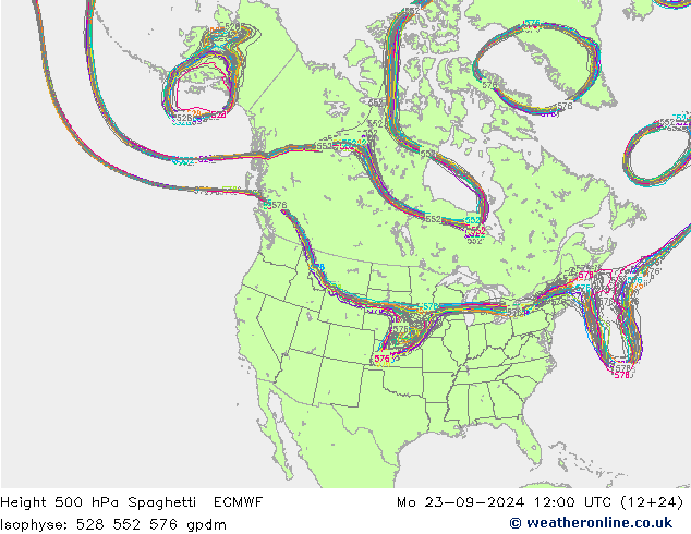 Height 500 hPa Spaghetti ECMWF Mo 23.09.2024 12 UTC