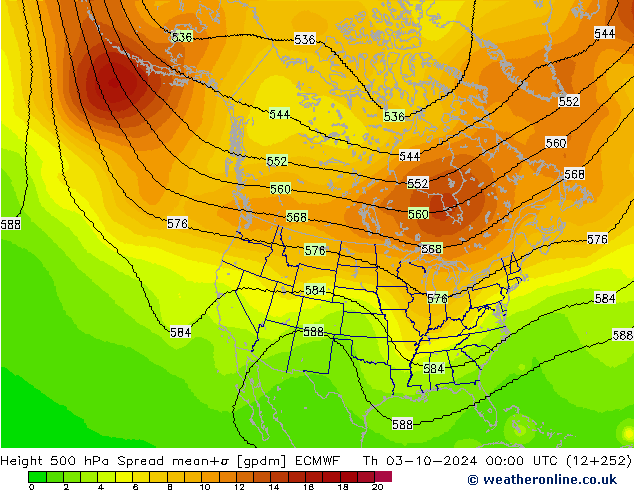 Height 500 hPa Spread ECMWF gio 03.10.2024 00 UTC