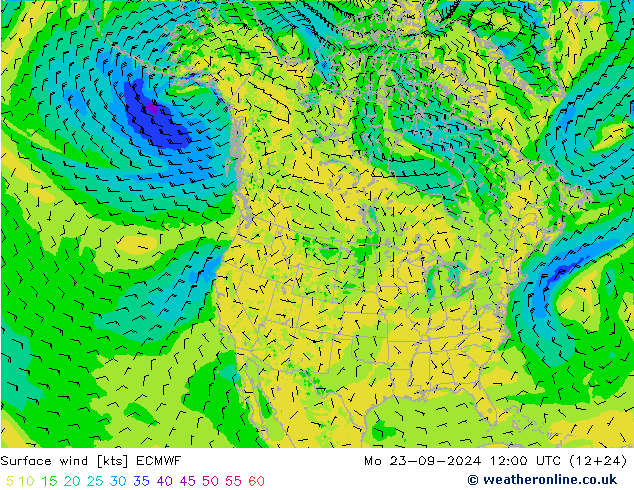 Viento 10 m ECMWF lun 23.09.2024 12 UTC