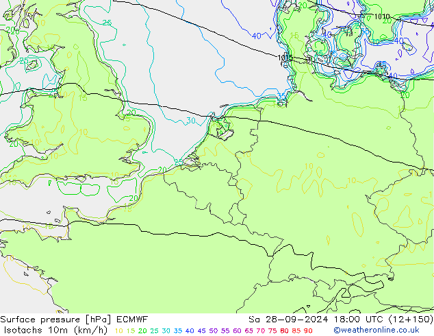 Isotachen (km/h) ECMWF za 28.09.2024 18 UTC