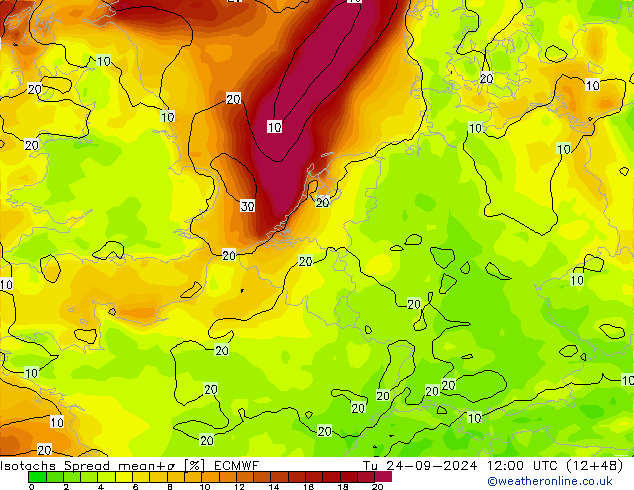 Isotachs Spread ECMWF Tu 24.09.2024 12 UTC