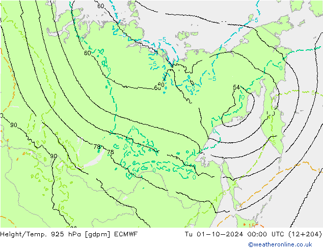 Height/Temp. 925 hPa ECMWF Ter 01.10.2024 00 UTC