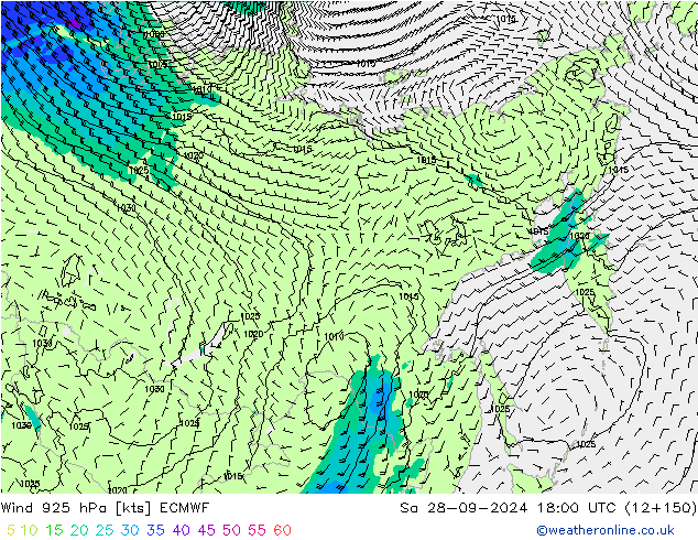 wiatr 925 hPa ECMWF so. 28.09.2024 18 UTC