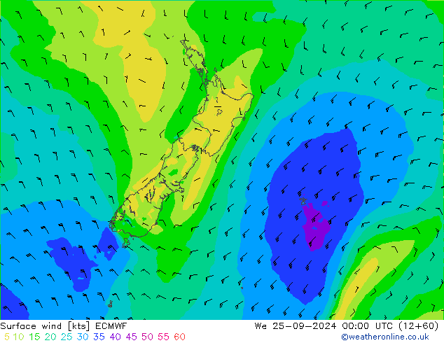 Vento 10 m ECMWF Qua 25.09.2024 00 UTC