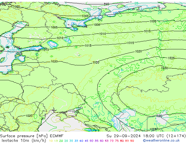 Isotachen (km/h) ECMWF So 29.09.2024 18 UTC