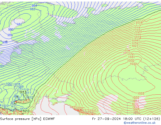 Presión superficial ECMWF vie 27.09.2024 18 UTC