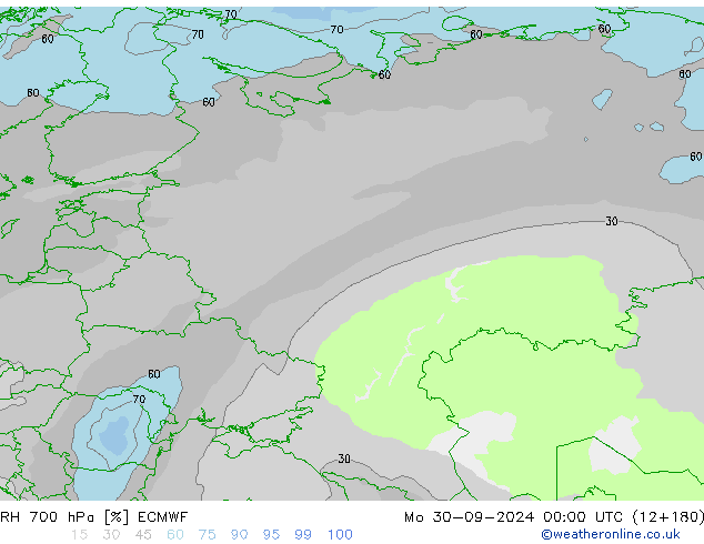 RH 700 hPa ECMWF pon. 30.09.2024 00 UTC