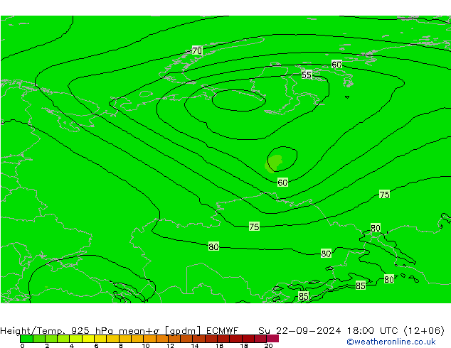 Height/Temp. 925 hPa ECMWF nie. 22.09.2024 18 UTC