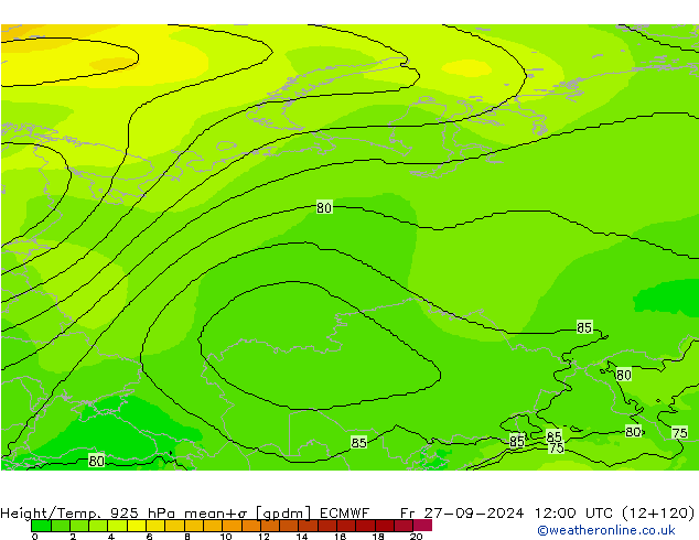 Hoogte/Temp. 925 hPa ECMWF vr 27.09.2024 12 UTC