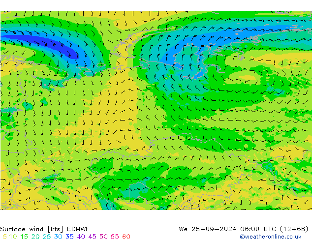 wiatr 10 m ECMWF śro. 25.09.2024 06 UTC