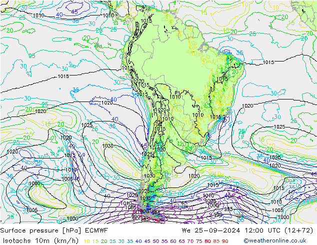 Isotachs (kph) ECMWF We 25.09.2024 12 UTC