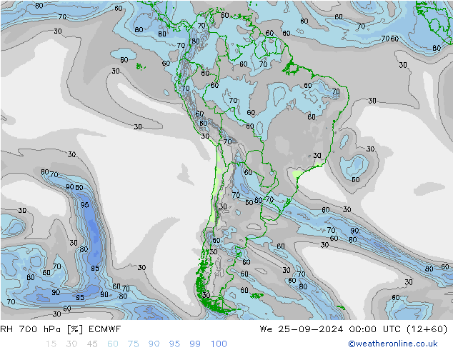 Humedad rel. 700hPa ECMWF mié 25.09.2024 00 UTC