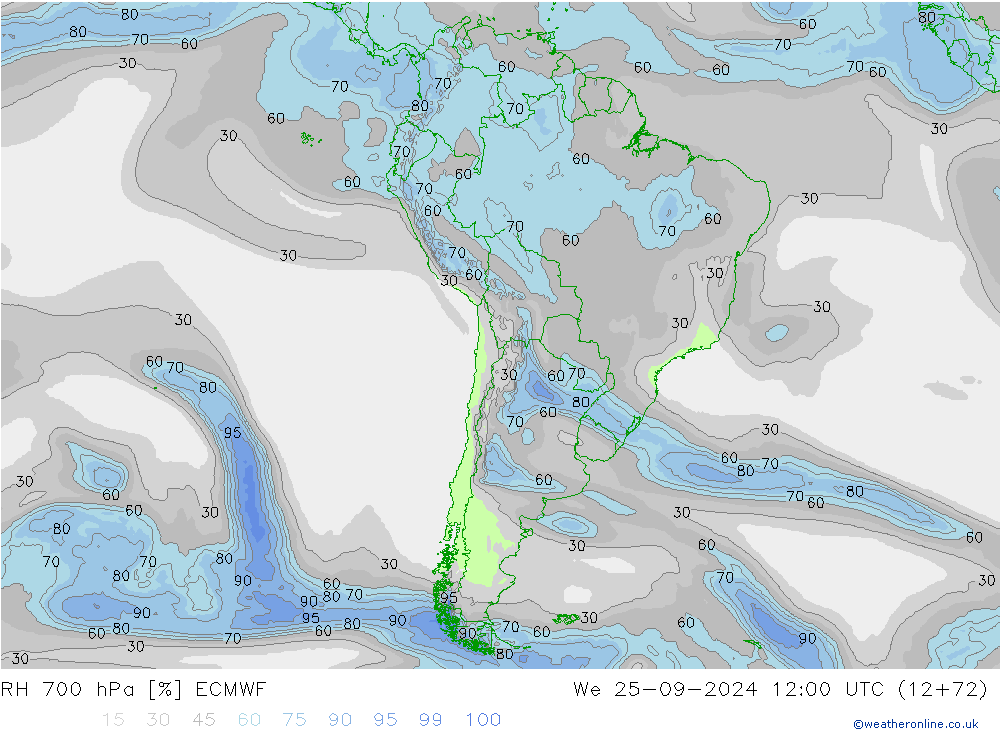 RH 700 hPa ECMWF  25.09.2024 12 UTC