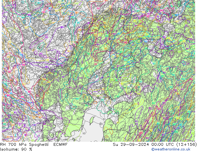 RH 700 hPa Spaghetti ECMWF Su 29.09.2024 00 UTC