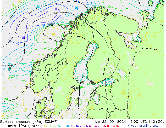 Isotachen (km/h) ECMWF ma 23.09.2024 18 UTC