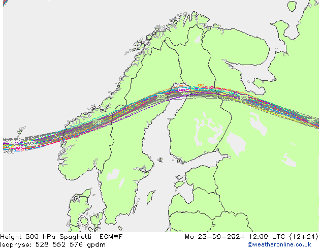 Height 500 hPa Spaghetti ECMWF Mo 23.09.2024 12 UTC