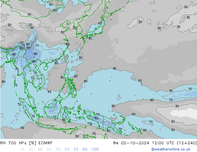 RH 700 hPa ECMWF We 02.10.2024 12 UTC