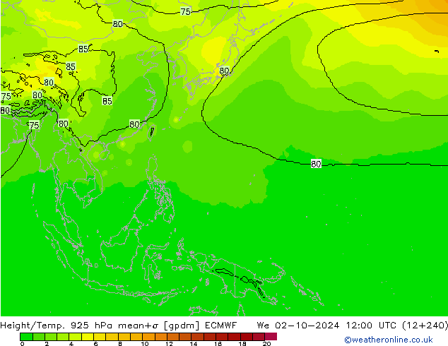 Height/Temp. 925 hPa ECMWF We 02.10.2024 12 UTC