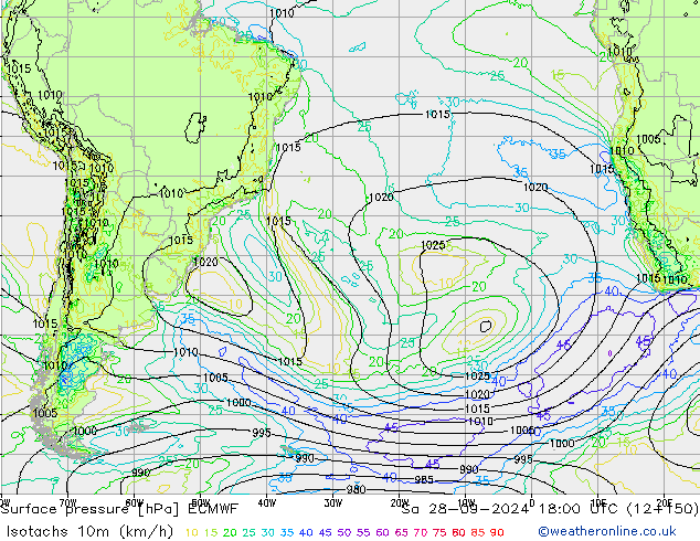 Isotachs (kph) ECMWF Sa 28.09.2024 18 UTC