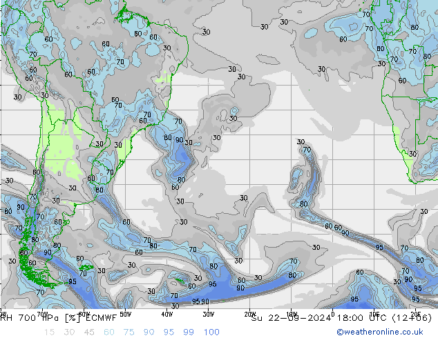 RH 700 гПа ECMWF Вс 22.09.2024 18 UTC