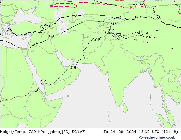 Yükseklik/Sıc. 700 hPa ECMWF Sa 24.09.2024 12 UTC