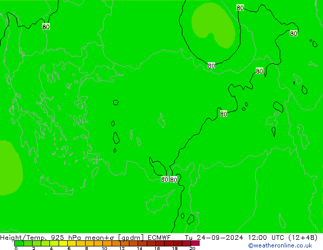 Height/Temp. 925 hPa ECMWF Tu 24.09.2024 12 UTC