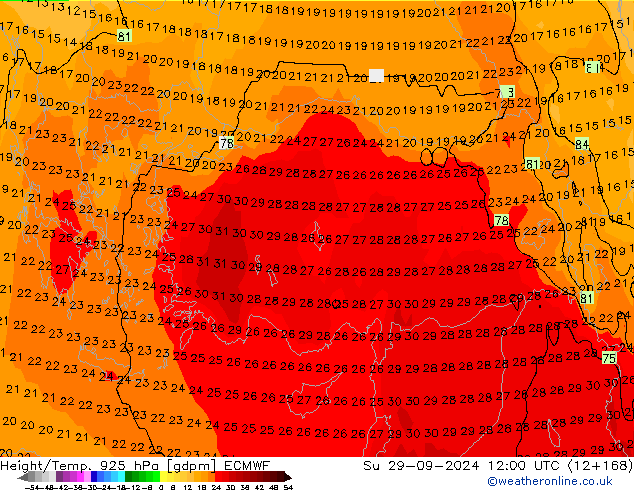 Height/Temp. 925 hPa ECMWF Ne 29.09.2024 12 UTC