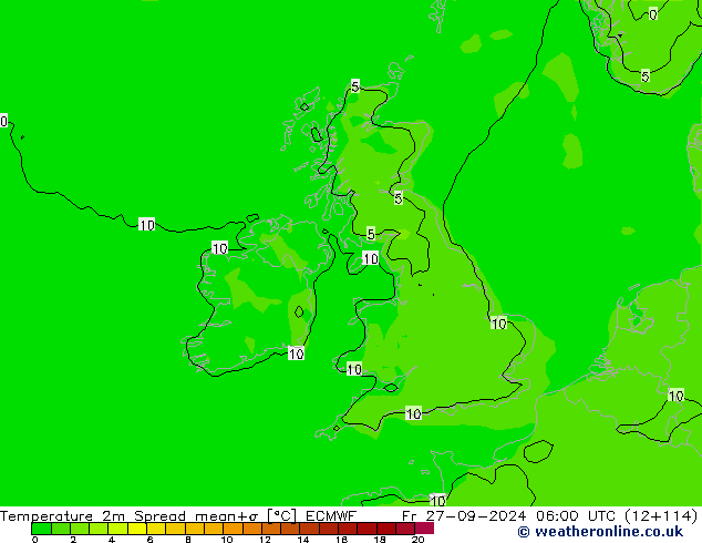 Temperatuurkaart Spread ECMWF vr 27.09.2024 06 UTC