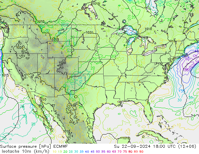 Eşrüzgar Hızları (km/sa) ECMWF Paz 22.09.2024 18 UTC