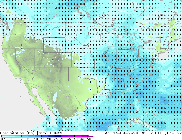 Totale neerslag (6h) ECMWF ma 30.09.2024 12 UTC