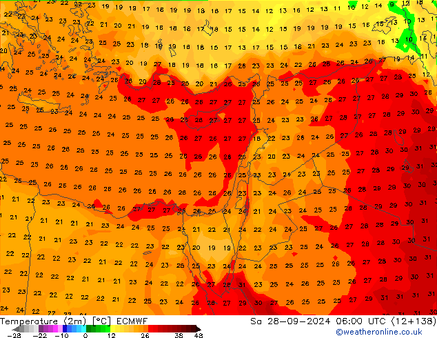 Sıcaklık Haritası (2m) ECMWF Cts 28.09.2024 06 UTC