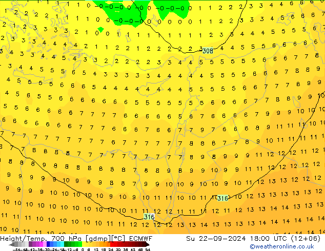 Height/Temp. 700 hPa ECMWF nie. 22.09.2024 18 UTC