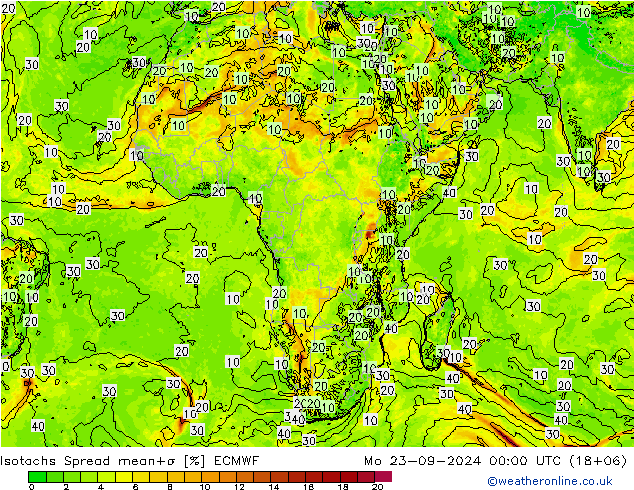 Isotachs Spread ECMWF Mo 23.09.2024 00 UTC