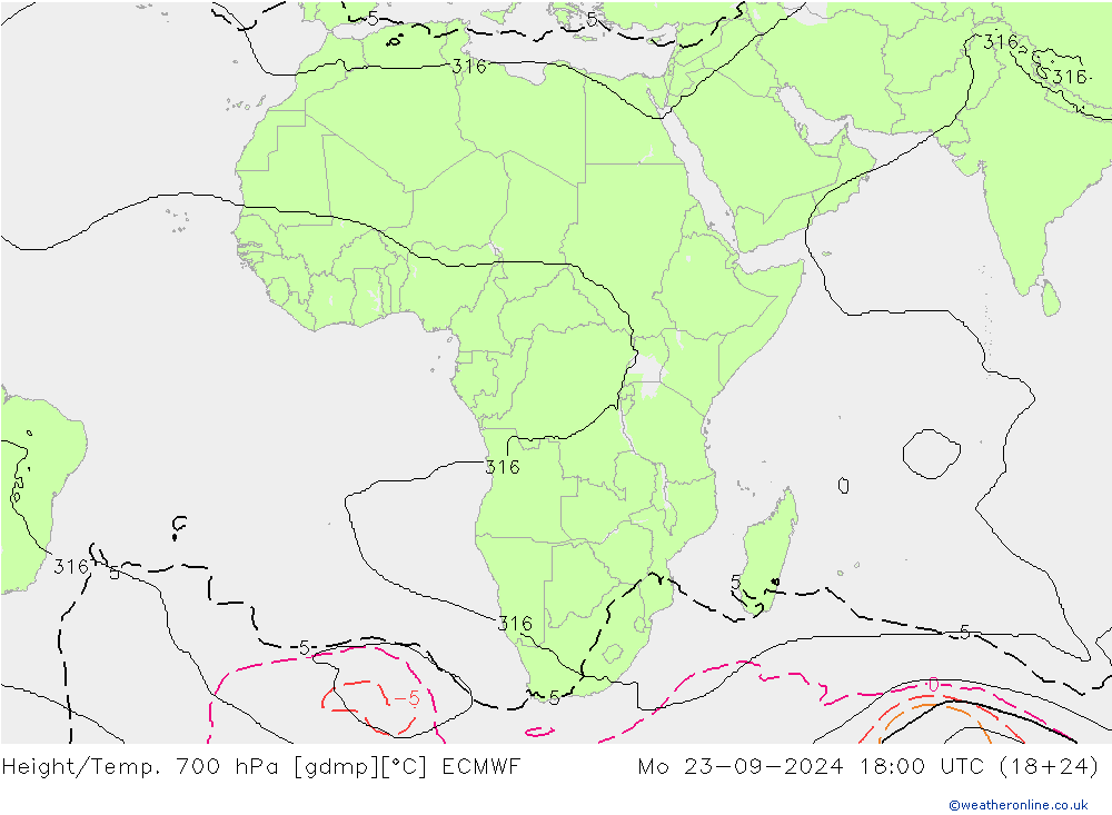 Géop./Temp. 700 hPa ECMWF lun 23.09.2024 18 UTC