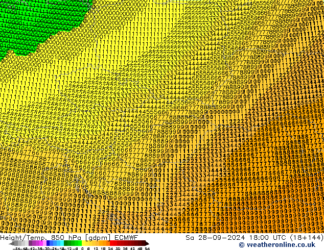 Géop./Temp. 850 hPa ECMWF sam 28.09.2024 18 UTC