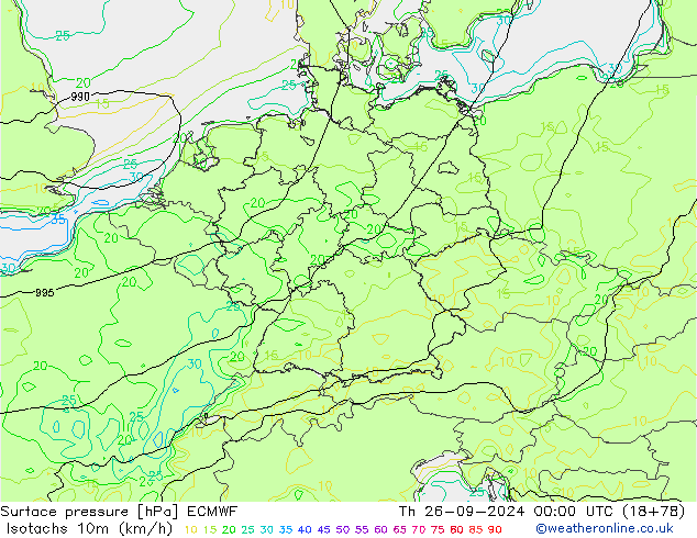 Isotachs (kph) ECMWF Th 26.09.2024 00 UTC