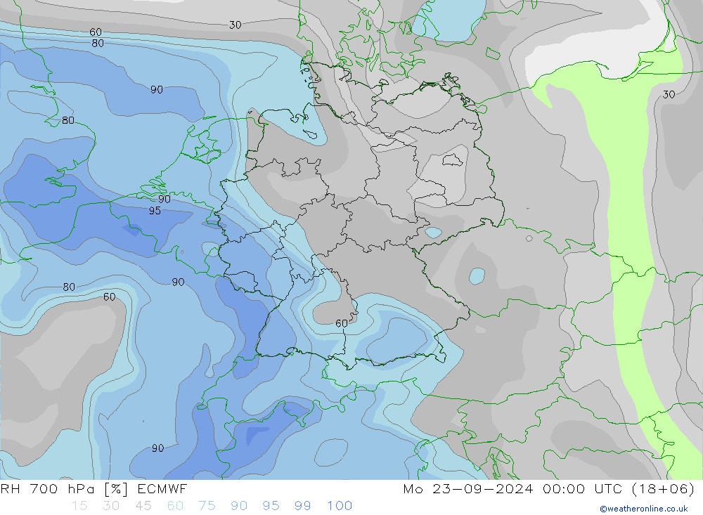 RH 700 hPa ECMWF Mo 23.09.2024 00 UTC