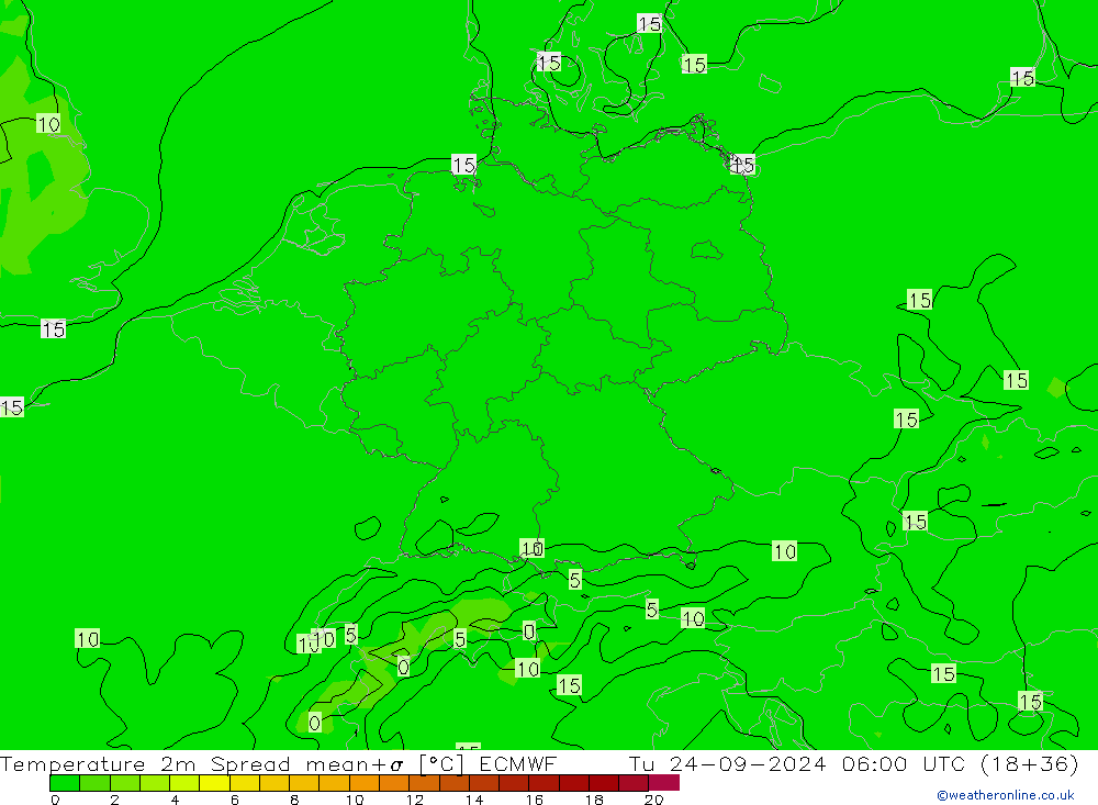 Temperature 2m Spread ECMWF Tu 24.09.2024 06 UTC