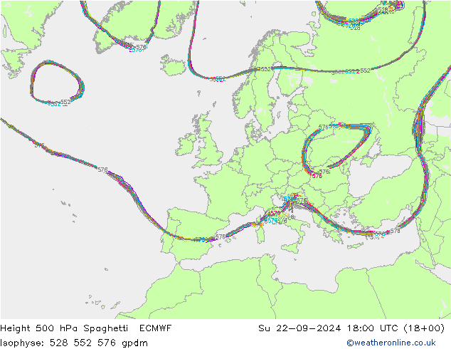 Height 500 hPa Spaghetti ECMWF Su 22.09.2024 18 UTC